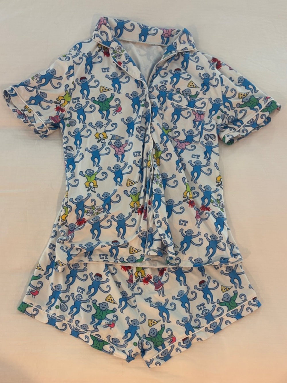 Women’s White Short Pajama Set with Blue Monkey Print